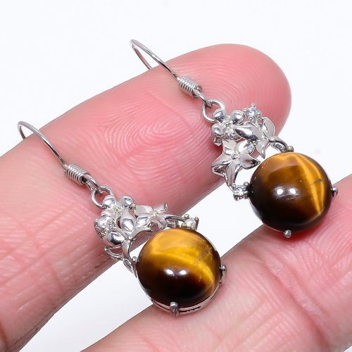 Tiger'S Eye & White Topaz Rhodium Plated 925 Silver Hook Earring, Drop Dangle Earring, Gift For Her, Round Earring, Yellow Earring, Silver Jewelry Earring