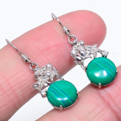 Malachite Rhodium Plated 925 Sterling Silver Hook Earring, Drop Dangle Earring, Gift For Her, Round Earring, Green Earring, Silver Jewelry Earring