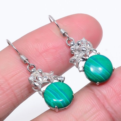 Malachite Rhodium Plated 925 Sterling Silver Hook Earring, Drop Dangle Earring, Gift For Her, Round Earring, Green Earring, Silver Jewelry Earring
