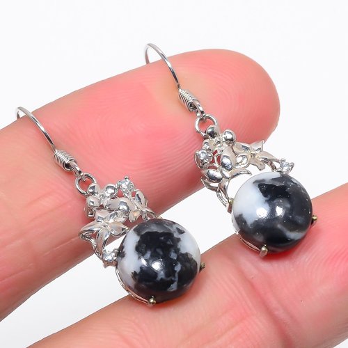 White Buffalo Turquoise & Cubic Zirconia 925 Sterling Silver Jewelry Earring, Drop Dangle Earring, Gift For Her, Round Earring, White Earring, Silver Jewelry Earring