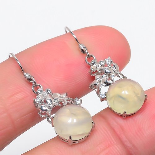 African Prehnite & Cubic Zirconia Solid 925 Sterling Silver Jewelry Earring, Drop Dangle Earring, Gift For Her, Round Earring, Green Earring, Silver Jewelry Earring