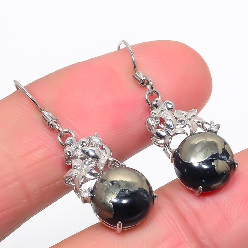 Magnetite In Pyrite,Cubic Zirconia 925 Sterling Silver Jewelry Earring, Drop Dangle Earring, Gift For Her, Round Earring, Black Earring, Silver Jewelry Earring