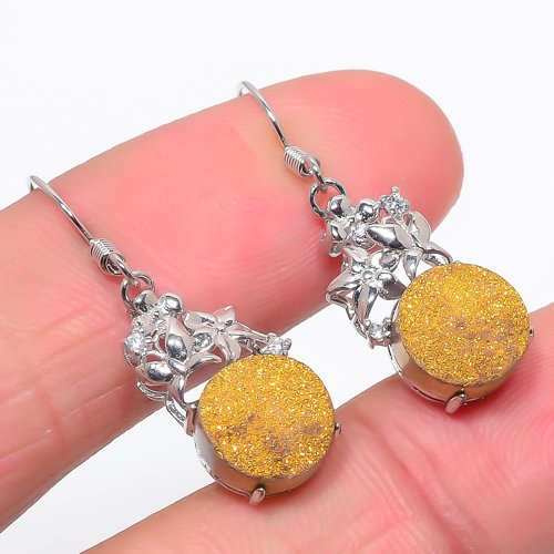 Golden Titanium Drusy & Cubic Zirconia 925 Sterling Silver Jewelry Earring, Drop Dangle Earring, Gift For Her, Round Earring, Golden Earring, Silver Jewelry Earring