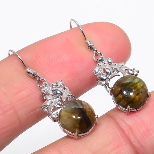Labradorite & Cubic Zirconia 925 Sterling Silver Jewelry Earring, Drop Dangle Earring, Gift For Her, Round Earring, Black Earring, Silver Jewelry Earring
