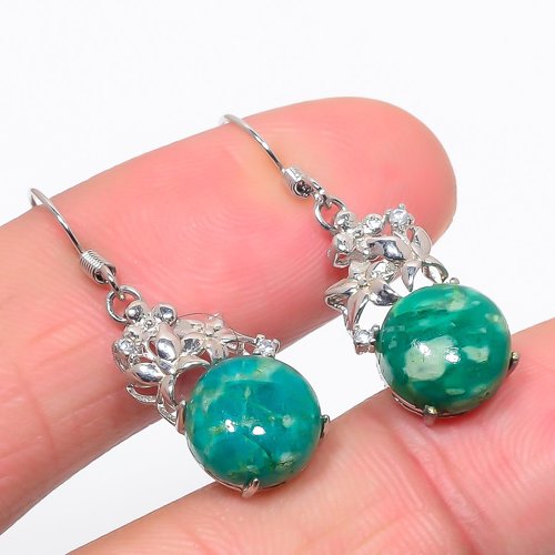Russian Amazonite & Cubic Zirconia Solid 925 Sterling Silver Jewelry Earring, Drop Dangle Earring, Gift For Her, Round Earring, Green Earring, Silver Jewelry Earring