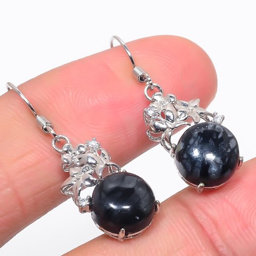 Picasso Jasper,Cubic Zirconia Solid 925 Sterling Silver Jewelry Earring, Drop Dangle Earring, Gift For Her, Round Earring, Black Earring, Silver Jewelry Earring