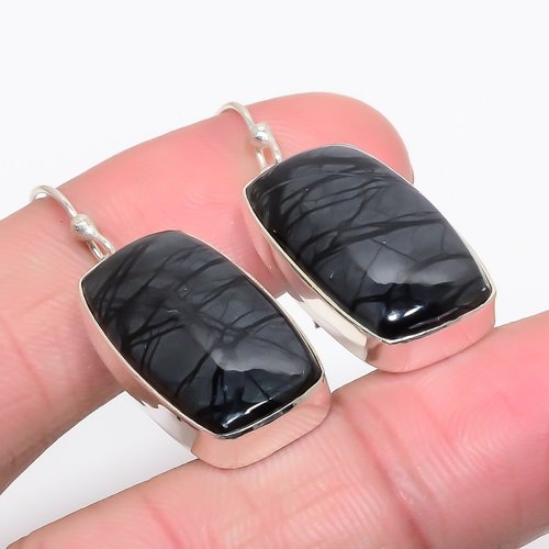 Picasso Jasper 925 Sterling Silver Jewelry Earring, Drop Dangle Earring, Gift For Her, Cushion Earring, Black Earring, Silver Jewelry Earring