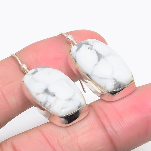 American Howlite 925 Sterling Silver Earring, Drop Dangle Earring, Gift For Her, Cushion Earring, White Earring, Silver Jewelry Earring
