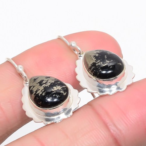Magnetite In Pyrite 925 Sterling Silver Earring, Drop Dangle Earring, Gift For Her, Pear Earring, Black Earring, Silver Jewelry Earring