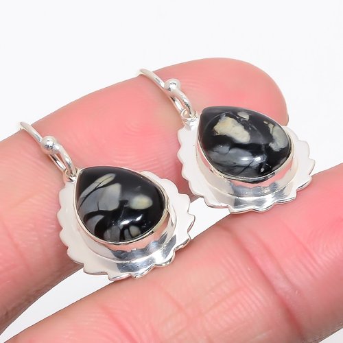 Picasso Jasper 925 Sterling Silver Jewelry Earring, Drop Dangle Earring, Gift For Her, Pear Earring, Black Earring, Silver Jewelry Earring