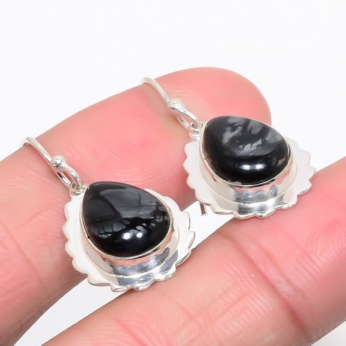 Picasso Jasper 925 Sterling Silver Jewelry Earring, Drop Dangle Earring, Gift For Her, Pear Earring, Black Earring, Silver Jewelry Earring