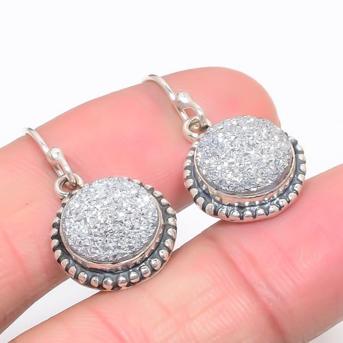 Silver Titanium Drusy Vintage 925 Sterling Silver Jewelry Earring, Drop Dangle Earring, Gift For Her, Round Earring, Silver Earring, Silver Jewelry Earring