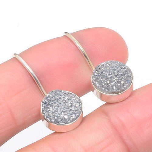 Silver Titanium Drusy 925 Sterling Silver Earring, Drop Dangle Earring, Gift For Her, Round Earring, Silver Earring, Silver Jewelry Earring