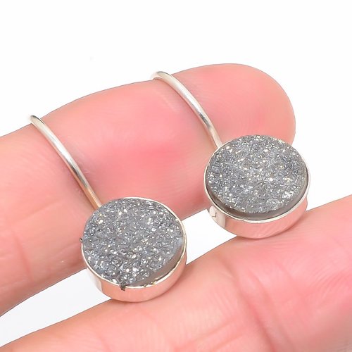 Silver Titanium Drusy 925 Sterling Silver Earring, Drop Dangle Earring, Gift For Her, Round Earring, Silver Earring, Silver Jewelry Earring