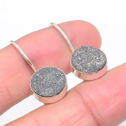 Titanium Drusy Gemstone Solid 925 Sterling Silver Jewelry Earring, Drop Dangle Earring, Gift For Her, Round Earring, Silver Earring, Silver Jewelry Earring