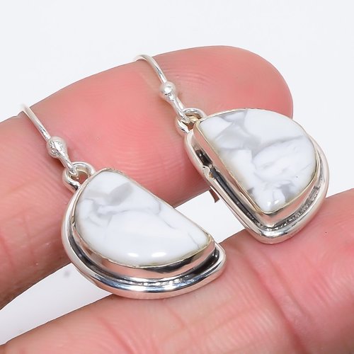American Howlite Vintage 925 Sterling Silver Jewelry Earring, Drop Dangle Earring, Gift For Her, Oval Earring, White Earring, Silver Jewelry Earring