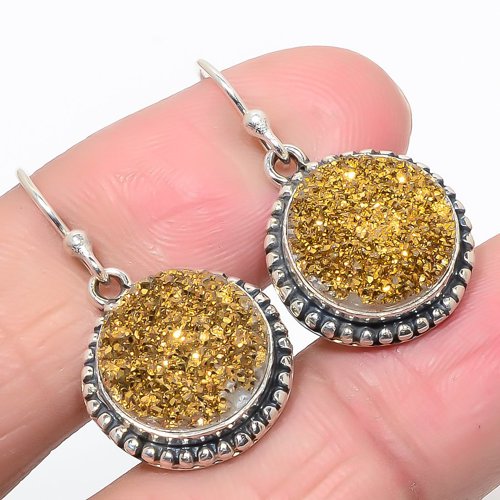 Golden Titanium Drusy 925 Sterling Silver Earring, Drop Dangle Earring, Gift For Her, Round Earring, Golden Earring, Silver Jewelry Earring