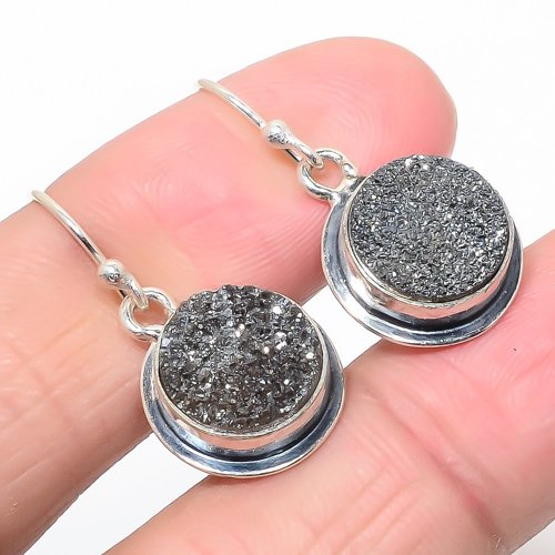 Titanium Carbon Drusy 925 Sterling Silver Jewelry Earring, Drop Dangle Earring, Gift For Her, Round Earring, Brown Earring, Silver Jewelry Earring