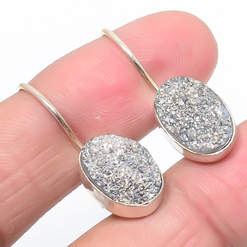Silver Titanium Drusy 925 Sterling Silver Jewelry Earring, Drop Dangle Earring, Gift For Her, Oval Earring, Silver Earring, Silver Jewelry Earring