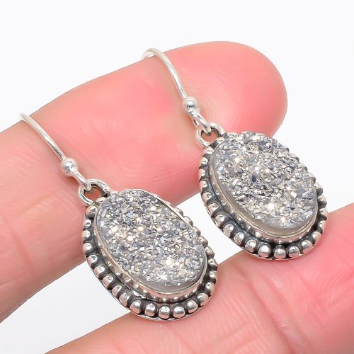 Silver Titanium Drusy Solid 925 Sterling Silver Jewelry Earring, Drop Dangle Earring, Gift For Her, Round Earring, Silver Earring, Silver Jewelry Earring