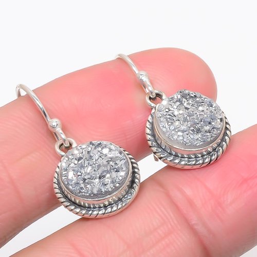 Silver Titanium Drusy Vintage 925 Sterling Silver Jewelry Earring, Drop Dangle Earring, Gift For Her, Round Earring, Silver Earring, Silver Jewelry Earring