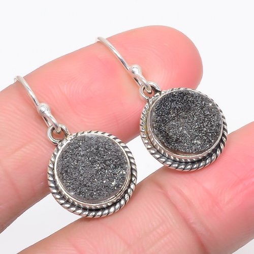 Carbon Titanium Drusy Vintage 925 Sterling Silver Jewelry Earring, Drop Dangle Earring, Gift For Her, Round Earring, Brown Earring, Silver Jewelry Earring