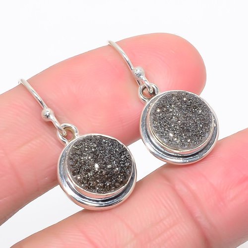 Carbon Titanium Drusy Vintage 925 Sterling Silver Jewelry Earring, Drop Dangle Earring, Gift For Her, Round Earring, Brown Earring, Silver Jewelry Earring