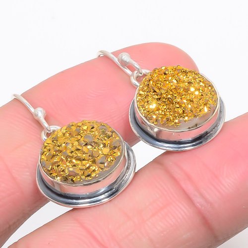 Golden Titanium Drusy Vintage 925 Sterling Silver Jewelry Earring, Drop Dangle Earring, Gift For Her, Round Earring, Golden Earring, Silver Jewelry Earring