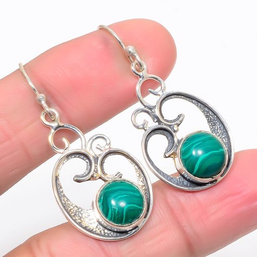 Russian Malachite 925 Sterling Silver Earring, Drop Dangle Earring, Gift For Her, Round Earring, Green Earring, Silver Jewelry Earring