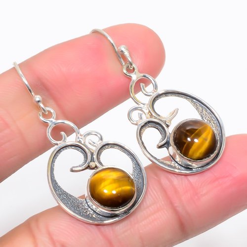 Thai Tiger'S Eye Vintage 925 Sterling Silver Jewelry Earring, Drop Dangle Earring, Gift For Her, Round Earring, Yellow Earring, Silver Jewelry Earring