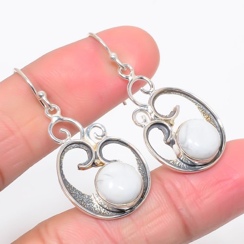 American Howlite Vintage 925 Sterling Silver Jewelry Earring, Drop Dangle Earring, Gift For Her, Round Earring, White Earring, Silver Jewelry Earring