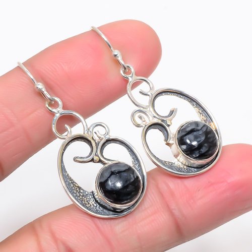Picasso Jasper Vintage 925 Sterling Silver Jewelry Earring, Drop Dangle Earring, Gift For Her, Round Earring, Black Earring, Silver Jewelry Earring