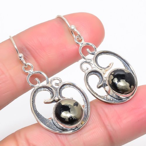 Magnetite In Pyrite Vintage 925 Sterling Silver Earring, Drop Dangle Earring, Gift For Her, Round Earring, Black Earring, Silver Jewelry Earring