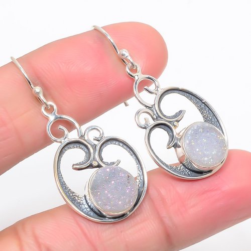 Opalite Titanium Agate Drusy Vintage 925 Sterling Silver Jewelry Earring, Drop Dangle Earring, Gift For Her, Round Earring, White Earring, Silver Jewelry Earring