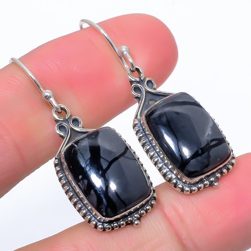 Picasso Jasper Vintage 925 Sterling Silver Earring, Drop Dangle Earring, Gift For Her, Cushion Earring, Black Earring, Silver Jewelry Earring