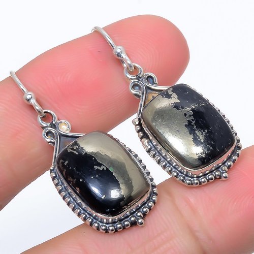 Magnetite In Pyrite Vintage Solid 925 Sterling Silver Jewelry Earring, Drop Dangle Earring, Gift For Her, Cushion Earring, Black Earring, Silver Jewelry Earring