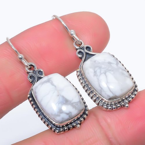 American Howlite Vintage 925 Sterling Silver Jewelry Earring, Drop Dangle Earring, Gift For Her, Cushion Earring, White Earring, Silver Jewelry Earring