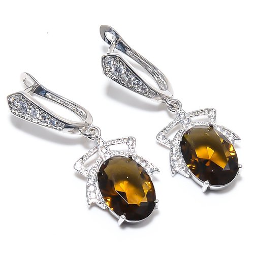 Smoky Quartz & White Toapz 925 Sterling Silver Jewelry Earring, Drop Dangle Earring, Gift For Her, Oval Earring, Brown Earring, Silver Jewelry Earring