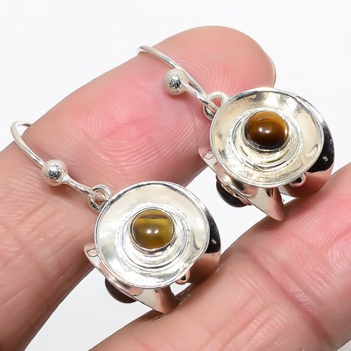 Yellow Tiger'S Eye Spinning Solid 925 Sterling Silver Earring 1.3" T59
