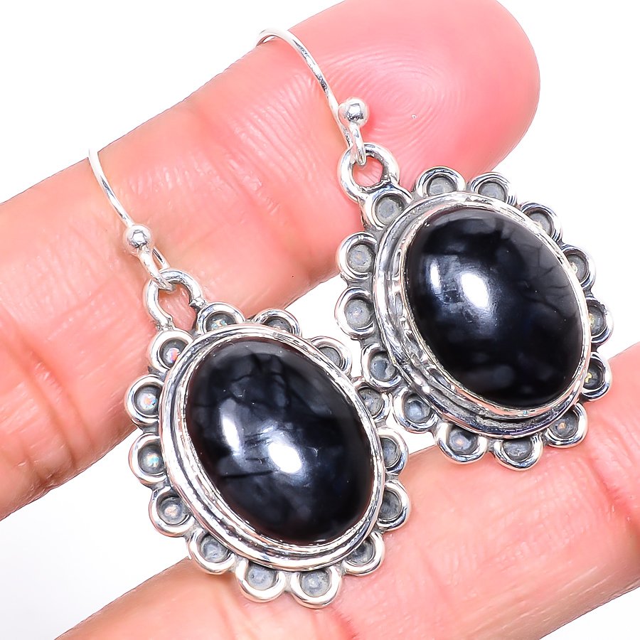 Picasso Jasper 925 Sterling Silver Vintage Style Earring, Drop Dangle Earring, Gift For Her, Oval Earring, Black Earring, Silver Jewelry Earring