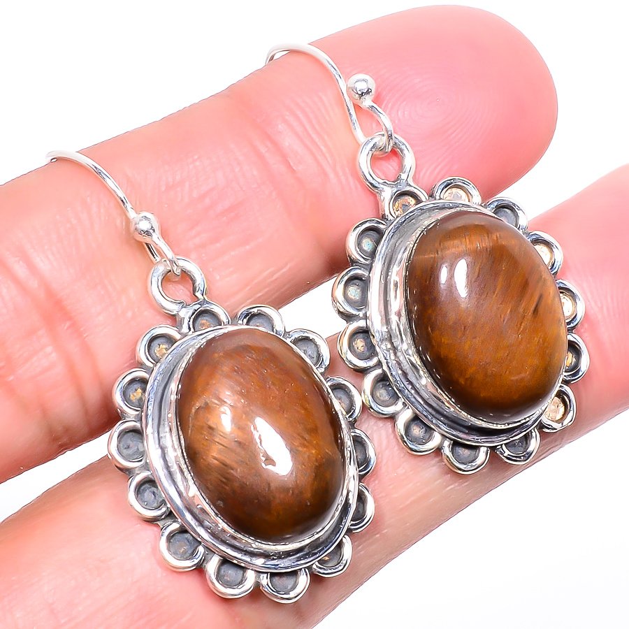 Thai Tiger'S Eye Vintage Style 925 Sterling Silver Jewelry Earring, Drop Dangle Earring, Gift For Her, Oval Earring, Yellow Earring, Silver Jewelry Earring