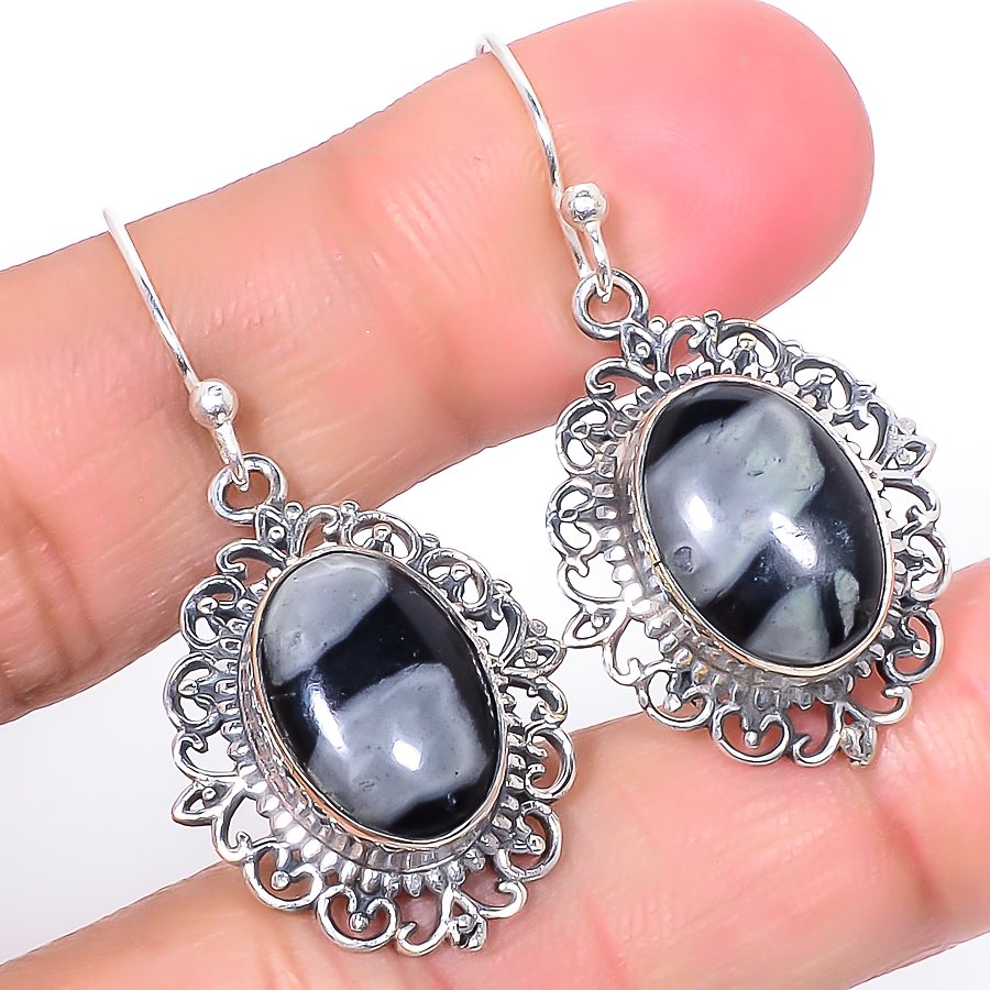 Picasso Jasper Vintage Style Solid 925 Sterling Silver Jewelry Earring, Drop Dangle Earring, Gift For Her, Oval Earring, Black Earring, Silver Jewelry Earring