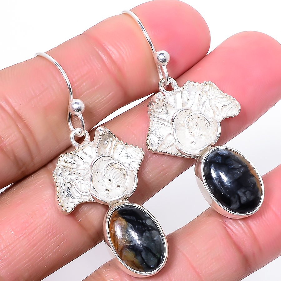 Picasso Jasper 925 Sterling Silver Jewelry Earring, Drop Dangle Earring, Gift For Her, Oval Earring, Black Earring, Silver Jewelry Earring