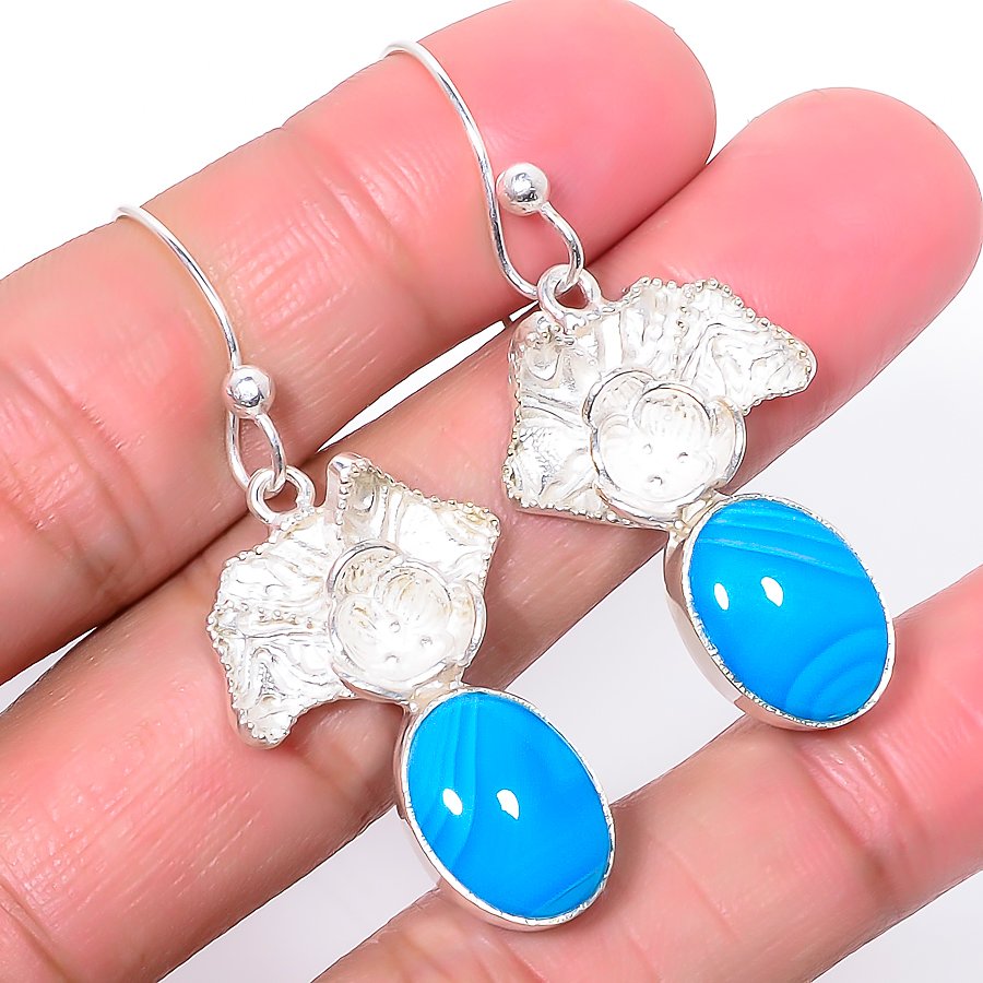 Botswana Blue Lace Agate 925 Sterling Silver Jewelry Earring, Drop Dangle Earring, Gift For Her, Oval Earring, Blue Earring, Silver Jewelry Earring