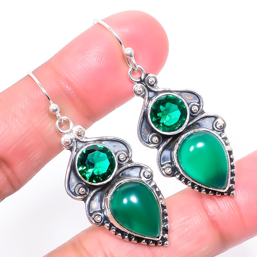 Sakota Mines Emerald & Emerald 925 Sterling Silver Jewelry Earring, Drop Dangle Earring, Gift For Her, Pear Earring, Green Earring, Silver Jewelry Earring