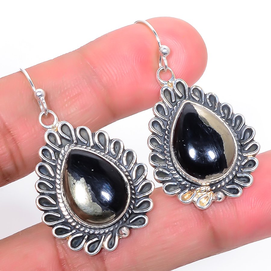 Pyrite In Magnetite Solid 925 Sterling Silver Jewelry Earring, Drop Dangle Earring, Gift For Her, Pear Earring, Black Earring, Silver Jewelry Earring