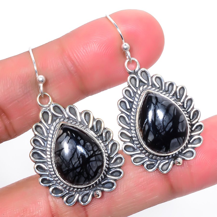 Picasso Jasper Vintage Style 925 Sterling Silver Jewelry Earring, Drop Dangle Earring, Gift For Her, Pear Earring, Black Earring, Silver Jewelry Earring