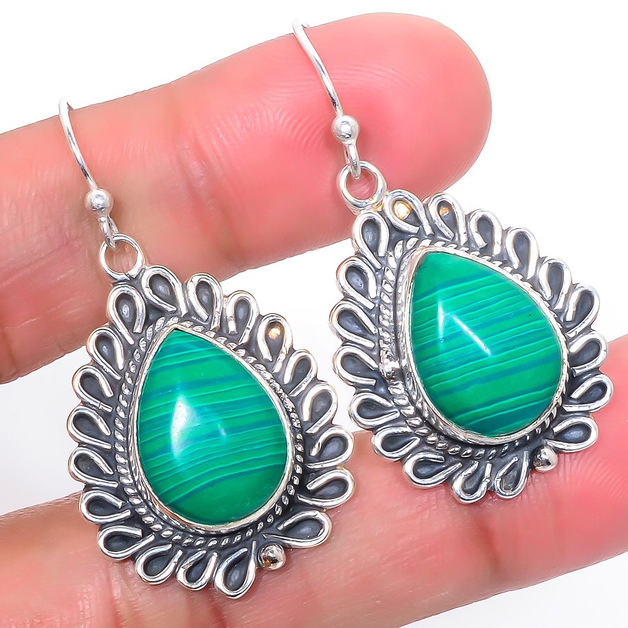Malachite 925 Sterling Silver Earring, Drop Dangle Earring, Gift For Her, Pear Earring, Green Earring, Silver Jewelry Earring