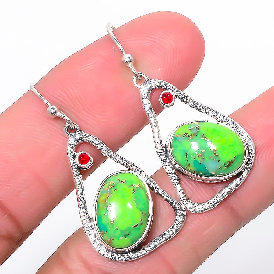Copper Mohave Green Turquoise & Garnet 925 Sterling Silver Jewelry Earring, Drop Dangle Earring, Gift For Her, Oval Earring, Green Earring, Silver Jewelry Earring