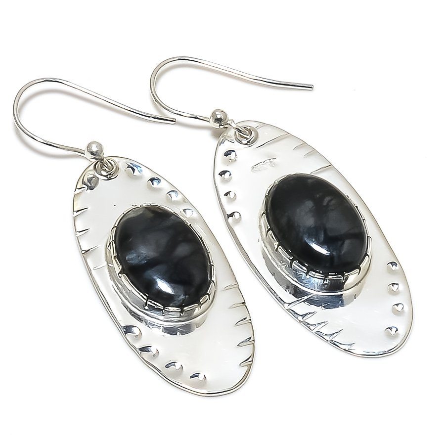 Picasso Jasper 925 Sterling Silver Jewelry Earring, Drop Dangle Earring, Gift For Her, Oval Earring, Black Earring, Silver Jewelry Earring